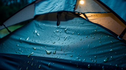Raindrops patter gently on the roof of a tent pitched in a serene natural setting, enhancing the experience of outdoor adventure and camping amidst nature's beauty
