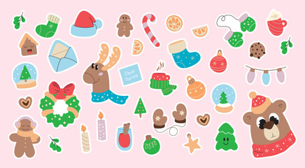 Merry Christmas and Happy New year sticker pack collection in y2k style. Trendy retro cartoon objects, Christmas tree, coffee, gingerbread, bear, kawaii characters. Vector