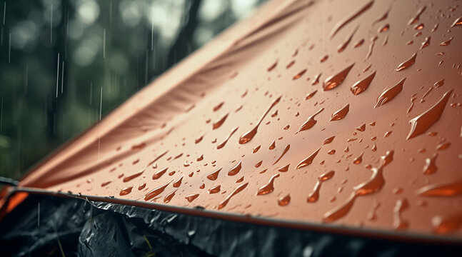 Raindrops patter gently on the roof of a tent pitched in a serene natural setting, enhancing the experience of outdoor adventure and camping amidst nature's beauty