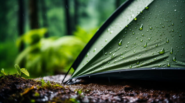 Raindrops patter gently on the roof of a tent pitched in a serene natural setting, enhancing the experience of outdoor adventure and camping amidst nature's beauty