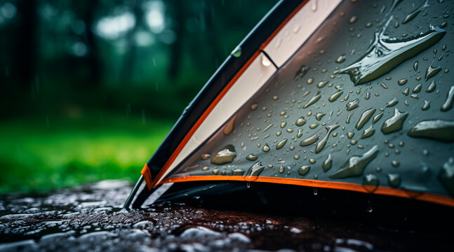 Raindrops patter gently on the roof of a tent pitched in a serene natural setting, enhancing the experience of outdoor adventure and camping amidst nature's beauty