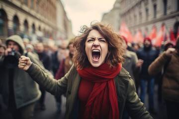Young woman yelling and shouting in a crowd of protesters. Activists protesting on the street. People publicly demonstrating opposition. Gloomy city scenery. - obrazy, fototapety, plakaty
