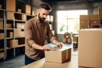 Young handsome man taping a cardboard box for delivery. Warehouse order picker packing and sealing cardboard box with tape for dispatch.