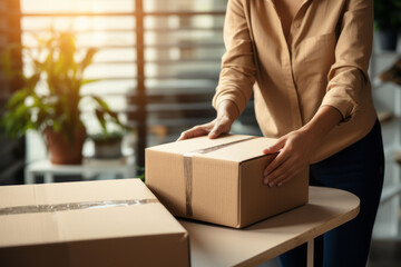 Young handsome man taping a cardboard box for delivery. Warehouse order picker packing and sealing cardboard box with tape for dispatch.