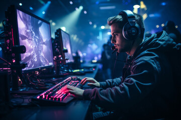 Professional e-sports player at an online game tournament. The cyber team plays computers. Cybersports. - obrazy, fototapety, plakaty