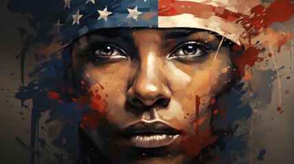 Portrait of native American woman with painted face with USA flag