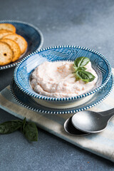 Taramosalata Greek spread Paste (pate) made of ground fish, shrimps, and caviar, served with lemon. Fish Egg Paste Tarama (white and rose), popular Israeli snack.