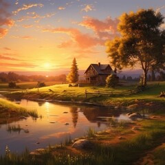 Fototapeta premium Peaceful countryside with lake