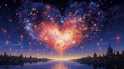 Heart-shaped fireworks bursting in a starry night sky.