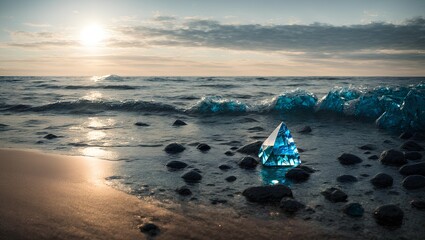 Fototapeta na wymiar A high blue energy crystal on sea view, having many stones towards it AI Generated