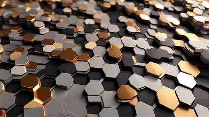Geometric technology hexagon background banner illustration 3d - Glowing gold, brown, gray and black