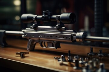 A close up photograph of a gun placed on a table. This image can be used to depict themes of crime, safety, law enforcement, or firearms. - obrazy, fototapety, plakaty