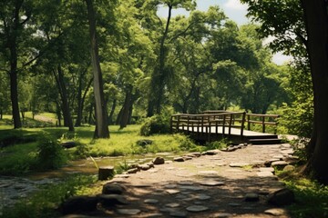 A picturesque wooden bridge spanning over a peaceful stream in a serene wooded area. This image can be used to depict tranquility and nature's beauty.