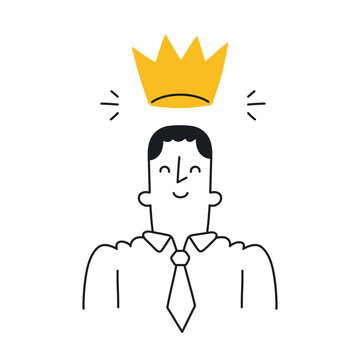 Businessman with a crown over his head. Business success, leadership, privilege, job promotion. Outline, linear, thin line, doodle art. Simple style with editable stroke.