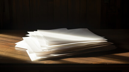 Lifestyle product shot of sheets of paper on wooden table highlighted from the window. Play of light and shadow