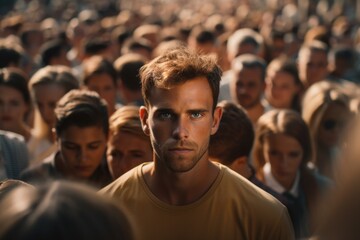 A man confidently stands in front of a large crowd. This image can be used to depict leadership, public speaking, or making an impact on an audience.