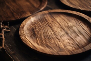 Obraz premium A detailed close up of a wooden plate placed on a table. Ideal for food-related projects or rustic-themed designs.