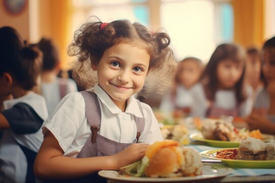 A little girl sits at a table surrounded by plates of delicious food. This image can be used to depict family meals, healthy eating, or children's nutrition.