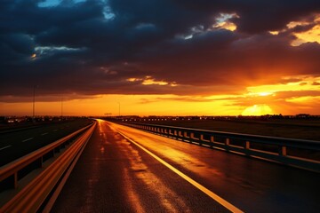 Fototapeta premium A captivating image of the sun setting over a highway as it passes through the clouds. Perfect for travel, transportation, and nature-themed projects.