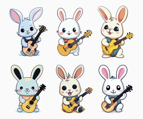 Set of Cute Rabbits with Guitars