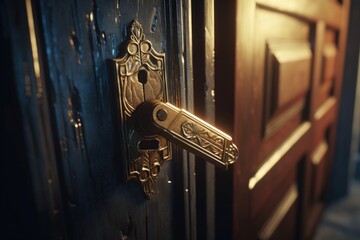 A detailed close-up shot of a door handle on a wooden door. This image can be used to depict home security, entrance, or interior design concepts.