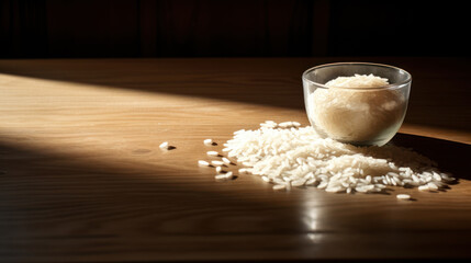 Lifestyle product shot of a bowl with rice onk wooden table highlighted with light with shadows