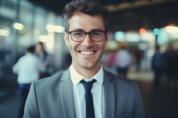 Fototapeta premium A professional man dressed in a suit and tie, smiling directly at the camera. This image can be used to portray confidence, success, and professionalism in various business and corporate settings.
