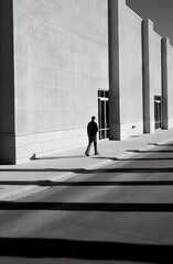 Contemplative black and white photograph of a man walking beside a brutalist building façade, high contrast light and shadow. From the series “Art Film - Black and White," "Abstract Architecture.”