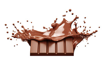 Chocolate bar or stick falling with sauce splashing in the air isolated on transparent background, dessert sweet concept, piece of dark chocolate.