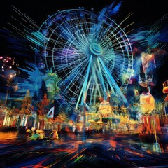 psychedelic color illustration of an amusement park at night with a huge spinning Ferris wheel shown in vibrant neon colors with motion blur. From the series “Carnival.”