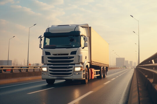 A semi truck is driving down a highway with a city in the background. This image can be used to represent transportation, logistics, or urban landscapes.