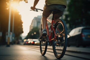 A man is riding a red bike down a street. This image can be used to depict urban transportation or a leisurely bike ride. - obrazy, fototapety, plakaty