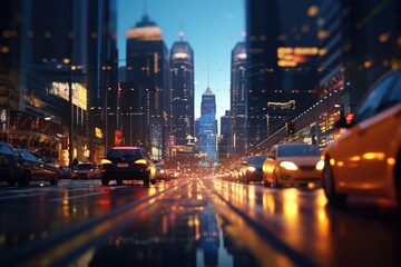 Fototapeta premium A bustling city street illuminated by streetlights and filled with a steady flow of traffic. 