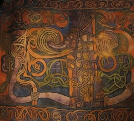 Colorful ancient mural of sinuous whorls in an abstract Celtic knotwork design. From the series “Lost Cities of Central Asia.”
