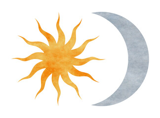 Watercolor illustration of Celestial bodies Sun and Moon. Symbols of magic and alchemy are isolated on a white background. Spiritual occultism objects