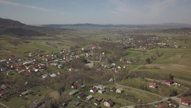Cieklin, Poland - 9 9 2018: Photograph of the old part of a small town from a bird's flight. Aerial photography by drone or quadrocopter. Advertise tourist places in Europe. Planning a medieval town.