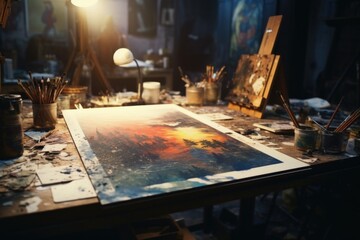 A painting displayed on a table in a dimly lit room. This image can be used to depict interior design, art appreciation, or a mysterious atmosphere.