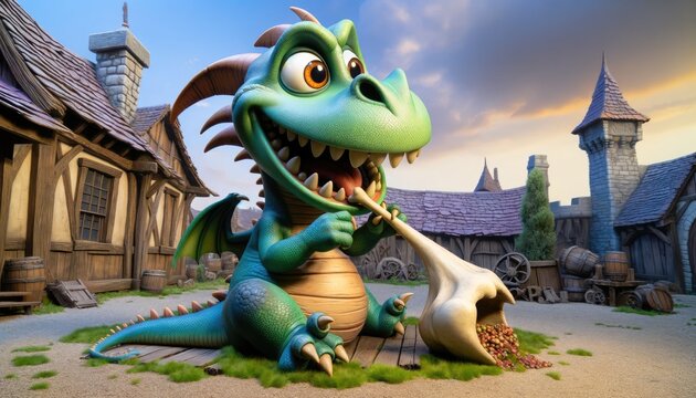 Cartoonish Green and Blue Dragon in a Medieval Village