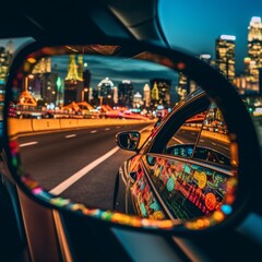 Close-up color photograph of the side mirror of a car at night, showing an urban highway with...