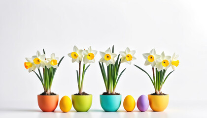 Cute narcissus flowers with colorful easter eggs isolated on white with copy space