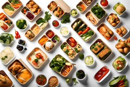 A visually appealing image showcasing a selection of healthy food items in take-away boxes,