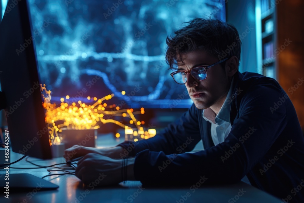Poster a man is pictured sitting in front of a computer monitor. this image can be used to depict concepts 
