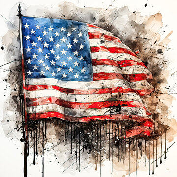 A watercolor image of the US flag
