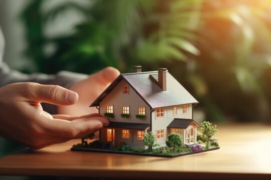 A person holding a small model of a house. This image can be used to represent concepts such as real estate, home ownership, investment, or the housing market.