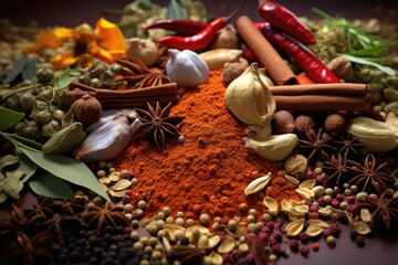 A pile of various spices and herbs arranged neatly on a table. Perfect for culinary and cooking concepts.