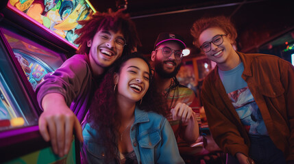 Groupe d'adolescent dans une salle d'arcade gaming, nostalgie 90's - obrazy, fototapety, plakaty