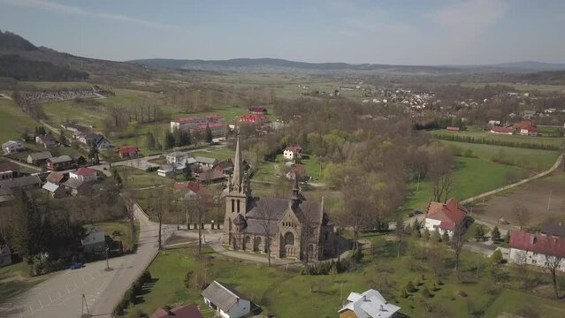 Cieklin, Poland - 9 9 2018: Photograph of the old part of a small town from a bird's flight. Aerial photography by drone or quadrocopter. Advertise tourist places in Europe. Planning a medieval town.