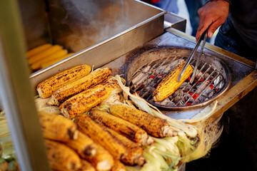 Grilled corn sales at the street food court in Turkey