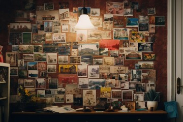 A room filled with various pictures and a lamp. This image can be used to showcase creativity, interior design, or as a background for websites, blogs, or social media posts