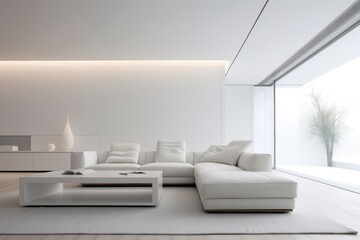 A pristine living room adorned with clean lines, neutral colors, and minimal furniture, embodying the essence of minimalist interior design